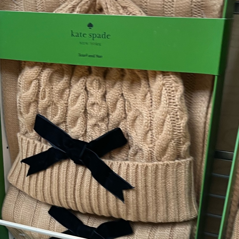 Kate Spade Beige Knit Hat and Scarf with Black Bows